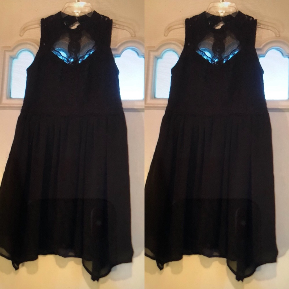 Dark grey, lace detail, asymmetric hem, lined